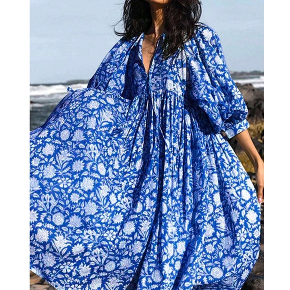 Dresses & Skirts - Boho Floral Print V neck 3/4 Sleeve Loose Fit Dress